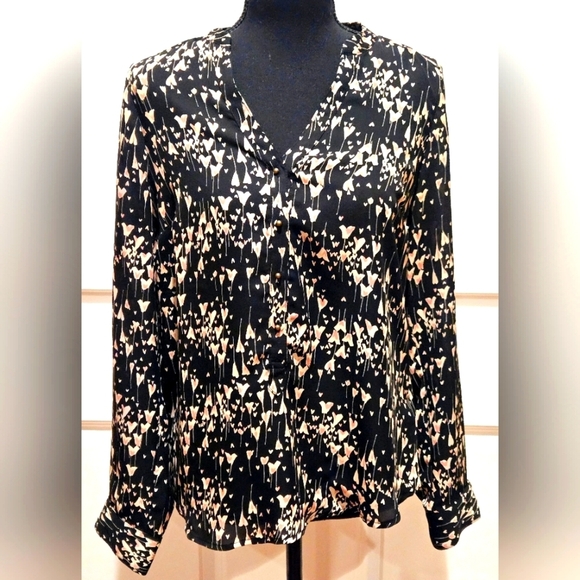 LC Lauren Conrad Flowy Blouse Black w/ Soft Pink Cream Hearts Sz Small - Picture 1 of 6